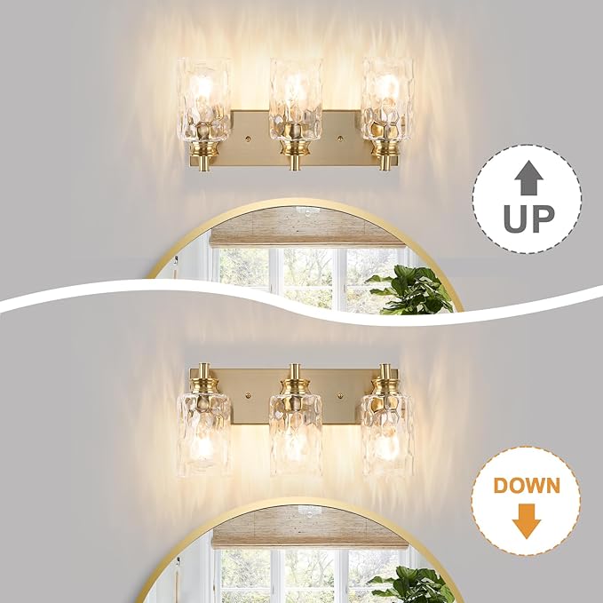 3 Light Bathroom Vanity Light Modern Brushed Gold Bathroom Light Fixtures Over Mirror with Hammered Glass Lampshade for Kitchen Hallway