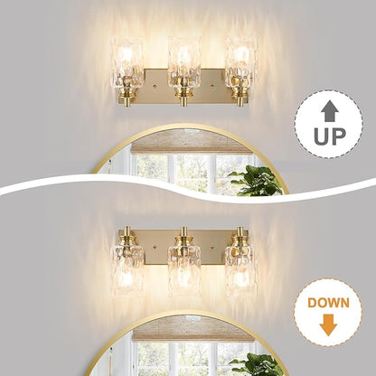 3 Light Bathroom Vanity Light Modern Brushed Gold Bathroom Light Fixtures Over Mirror with Hammered Glass Lampshade for Kitchen Hallway