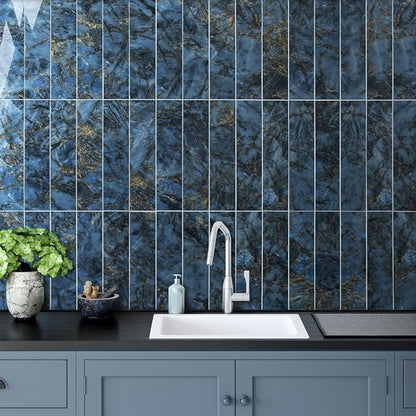 AULIGET 40-Piece Polished Blue Marble Peel and Stick Backsplash Wall Tiles, 3" x 12" PVC Faux Stone Stick on Tiles for Backsplash Kitchen, Bathroom, Laundry Room, Camper, Fireplace