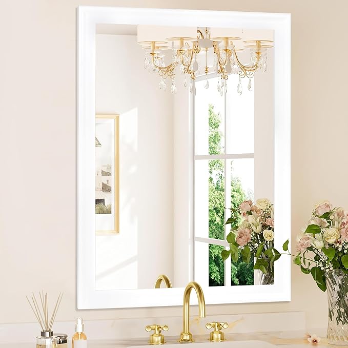 Rectangle Mirrors for Wall 30x40 Inch, White Wood Framed Bathroom Mirror with Tempered Glass,Shatter-Proof Mirror for Bedroom Living Room Office or Hallway (White, 30x40 in)
