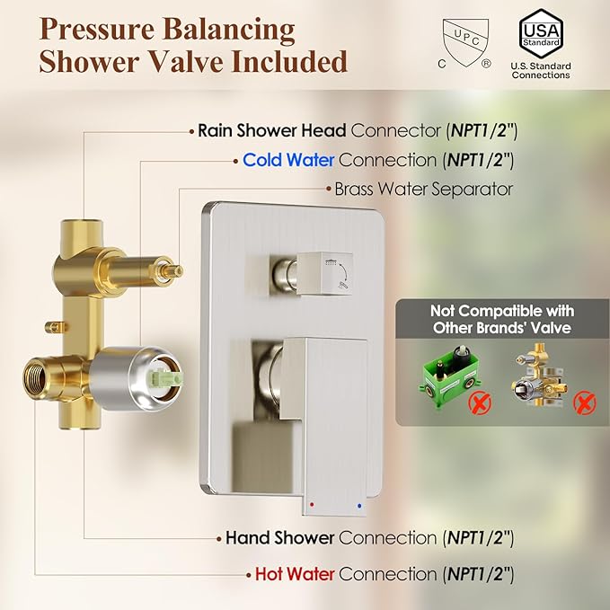 Shower System, 12 Inch Bathroom Shower Faucet Set, Brushed Nickel Shower Head and Handle Set, Shower Faucet with Valve and Shower Trim Kit, High Pressure Rain Shower Head Set, Wall Mounted