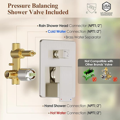 Shower System, 12 Inch Bathroom Shower Faucet Set, Brushed Nickel Shower Head and Handle Set, Shower Faucet with Valve and Shower Trim Kit, High Pressure Rain Shower Head Set, Wall Mounted