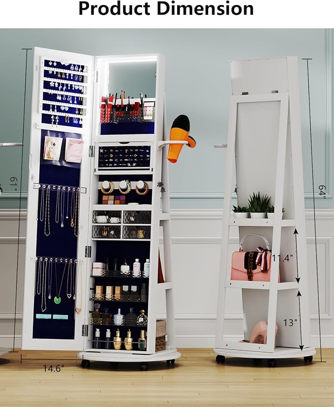 Full Length Mirror With Jewelry Storage, 360 Rotating Armoire Organizer With Lights, Lockable Cabinet Standing, Christmas Gifts (White)