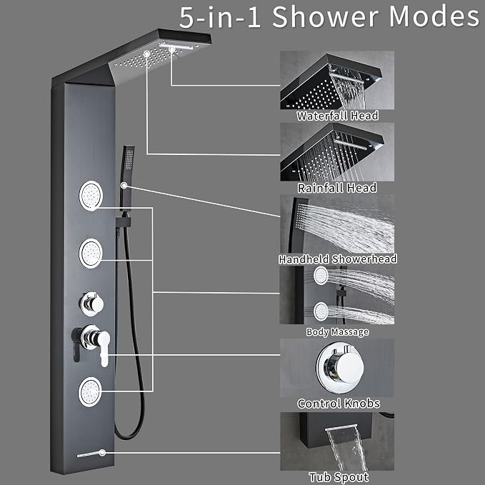 5-In-1Shower Panel Tower System-Brushed Black | 304 stainless steel Shower Panel Column Tower With Powerful Body Jets,Body Spray,Rainfall,Waterfall,Handheld And Tub Spout