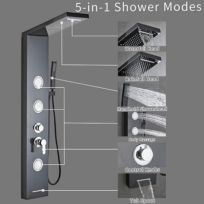 5-In-1Shower Panel Tower System-Brushed Black | 304 stainless steel Shower Panel Column Tower With Powerful Body Jets,Body Spray,Rainfall,Waterfall,Handheld And Tub Spout