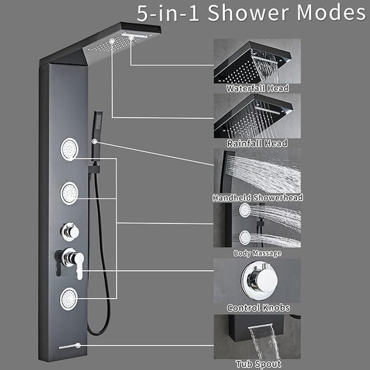 5-In-1Shower Panel Tower System-Brushed Black | 304 stainless steel Shower Panel Column Tower With Powerful Body Jets,Body Spray,Rainfall,Waterfall,Handheld And Tub Spout