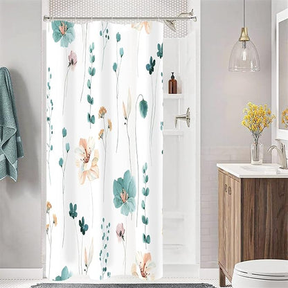 Teal Beige Watercolor Floral Fabric Shower Curtain, 36x72 | Waterproof Fabric, Modern Minimalist Floral Print, Machine Washable, Rustproof Grommets, for Bath Home, Small Stall