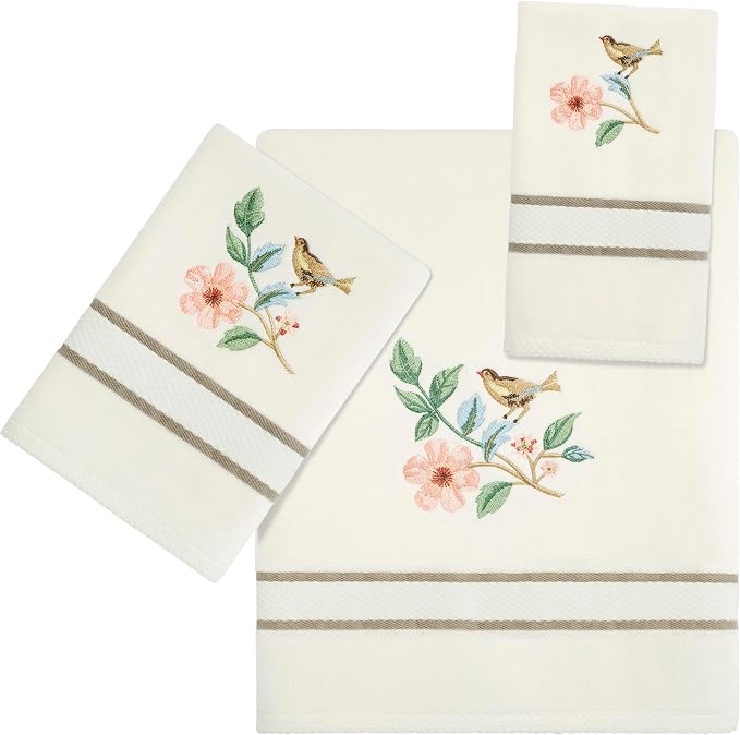Avanti Linens – Bathroom Towel Set, Soft Ringspun Cotton Velour Bath Towel, Hand Towel & Fingertip Towel, Embroidered Bird & Floral Design, Set of 3 (Pretty Birds)
