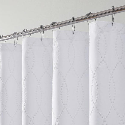 OVZME White Shower Curtain for Bathroom, Puff Printed Textured Shower Curtain with Tassels, Rustic Geometry Heavy Duty Vintage Country Bathroom Curtain, Water Resistant Fabric, 72Wx72L Inches