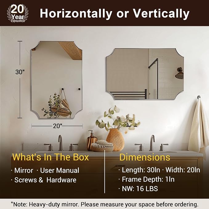 20x30 Inch Scalloped Mirror, Brushed Nickel Bathroom Mirror for Over Sink, Vanity Mirror with Scalloped Corners Design, Rustproof Stainless Steel Thin Frame, Ideal for Narrow Space Remodel
