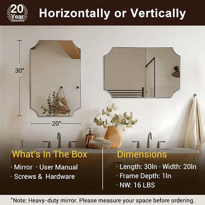 20x30 Inch Scalloped Mirror, Brushed Nickel Bathroom Mirror for Over Sink, Vanity Mirror with Scalloped Corners Design, Rustproof Stainless Steel Thin Frame, Ideal for Narrow Space Remodel