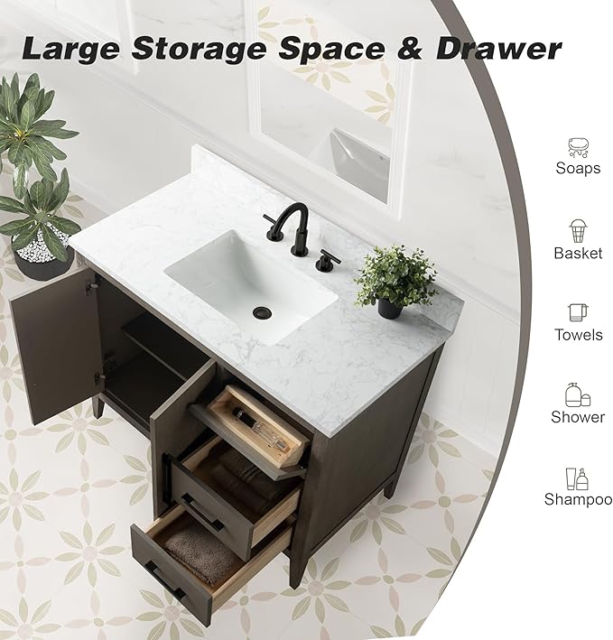 HomeBeyond 42 Inch Bathroom Vanity with Sink & Ceramic Top, Single Vanity Cabinet with Basin, Soft-Closing Door & Matts Black Hardware, Driftwood Gray