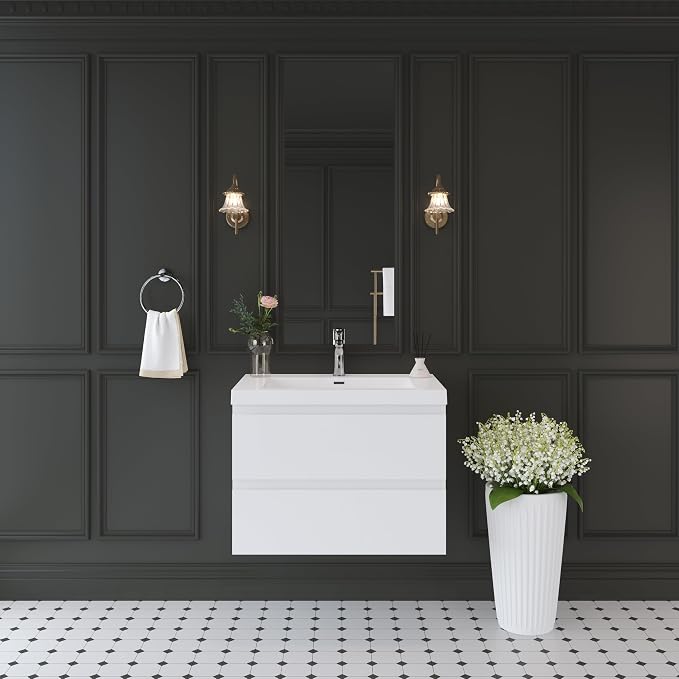 Floating Bathroom Vanity with Sink, 30" Wall-Mounted Bathroom Vanity | Resin Top Basin and Soft Close Drawers, No Assembly Required, Glossy White