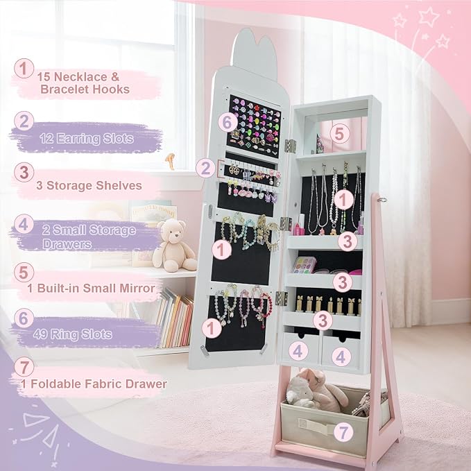 Karl home 45.5" Kids Jewelry Armoire with Mirror, White | Standing Organizer with Removable Drawers, Cute Rabbit-Shaped Dress Up Cabinet for Little Girls