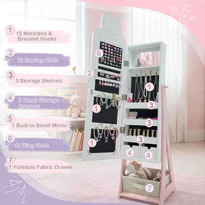 Karl home 45.5" Kids Jewelry Armoire with Mirror, White | Standing Organizer with Removable Drawers, Cute Rabbit-Shaped Dress Up Cabinet for Little Girls