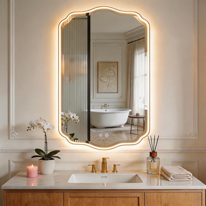 POZINO 40"x24" Scalloped LED Bathroom Mirror with Lights, Gold Metal Frame | Beveled Edge, 3 Color Dimmable, Anti-Fog, Memory Function, IP65 Waterproof, Smart Bathroom Vanity Mirror with Front Lights