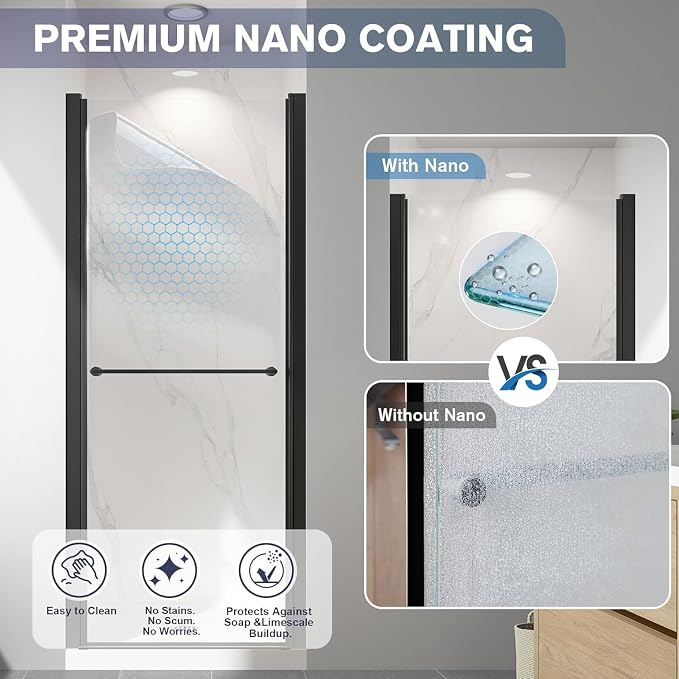 36"-38" W x 72" H Frameless Pivot Shower Door Matte Black | 1/4"(6mm) SGCC Tempered Glass with Explosion-Proof Film &Nano Coating,Customizable Width