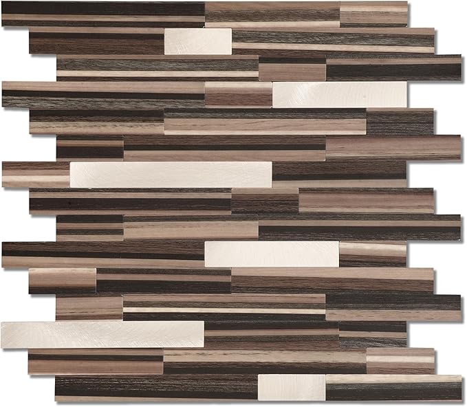 Yipscazo 1 Sheet Peel and Stick Stone Metal Tile Backsplash, Stick on Tiles for Backsplash Kitchen, Bathroom, Laundry Room, Camper, Fireplace (12'' X 12'', Brown Wood)