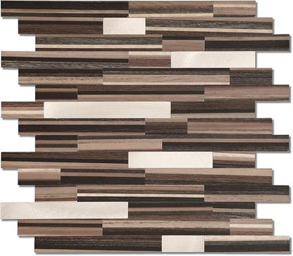 Yipscazo 1 Sheet Peel and Stick Stone Metal Tile Backsplash, Stick on Tiles for Backsplash Kitchen, Bathroom, Laundry Room, Camper, Fireplace (12'' X 12'', Brown Wood)