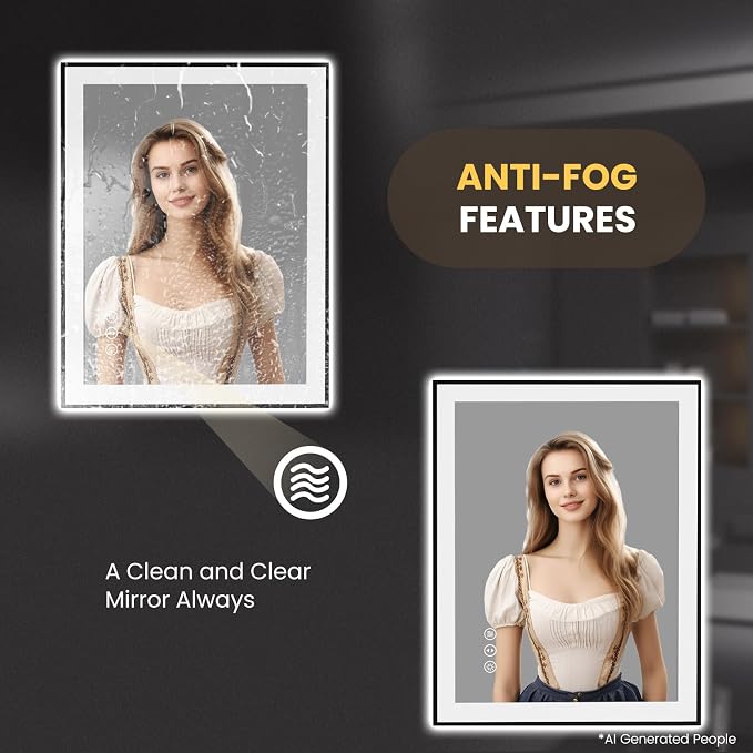 LOAAO 28"X36" LED Bathroom Mirror Black Framed | Anti-Fog, Dimmable, Memory Function, Tempered Glass, Lighted Vanity Mirror for Wall