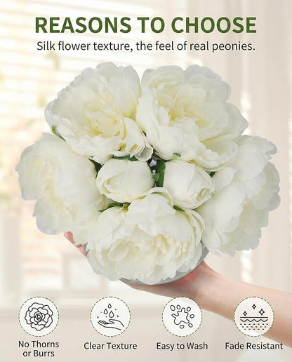 Garvee Artificial Peonies Flowers with Vase, Mixed White Silk Peony Bouquet with Faux Water in Glass Vase, Lifelike Fake Peonies Floral Arrangement for Table Centerpiece, Wedding, Party, Home Decor