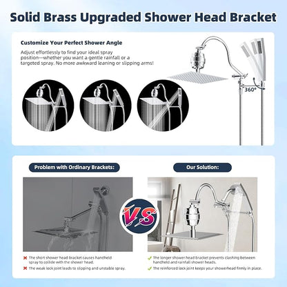 Hibbent All Metal 10'' Filtered Rainfall Shower Head Combo, High Pressure Handheld Shower Wand, 12'' Adjustable Curved Extension Arm, 20 Stage Shower Filter, 71'' Hose, Shower Head Holders, Chrome