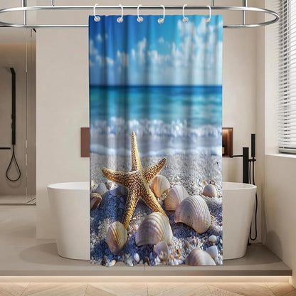 Modern Cute Beach Shower Curtain Tropical Coastal Kids Summer Seashell | Nature Shower Curtains for Bathroom, Waterproof Bath Curtain with Hooks Machine Washable Bathtub Curtains 36x72 Inch Blue