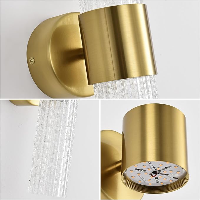 Gold Wall Sconces Set of 2, LED Dimmable Modern Crystal Wall Sconces Set of Two, Gold Wall Light, for Bedroom, Living Room, Dining Room, Dimmable LED 0-32W with Light Source,Hardwiring