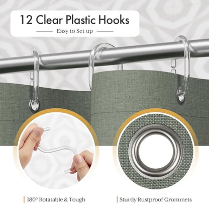 AmazerBath Farmhouse Shower Curtain, Sage Green Linen Shower Curtain with 3 Side Green Tassel, Boho Shower Curtain Set with 12 Upgraded Hooks for Neutral Country Bathroom, 72x72 Inches