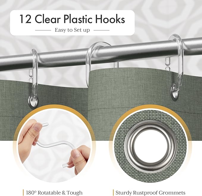 AmazerBath Boho Shower Curtains for Bathroom, Farmhouse Shower Curtain with Tassels, Sage Green Shower Curtain Set, Faux Linen Fabric Shower Curtain with 12 Hooks, Hotel Quality, 72x72 Inches