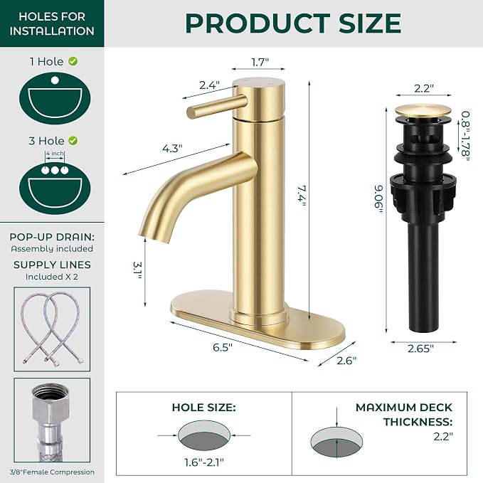 Bathroom Faucet, Single Handle Vanity Sink Faucet, Brushed Gold | Brushed Gold, for 1/3-Hole, Stainless Steel, Ceramic Cartridge, Pop-Up Drain, Deck Plate, For Vanity Powder Laundry
