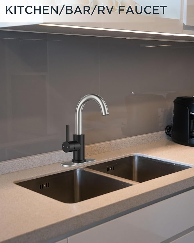 FORIOUS Black and Brushed Nickel Bathroom Sink Faucet 1 or 3 Hole with Metal Pop Up Drain and Hoses, Single Handle Vanity Faucet for Bathroom Bar Kitchen RV, 360° Swivel High Arc Spout