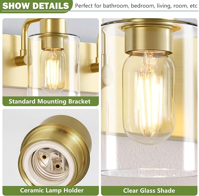 Gold Bathroom Light Fixtures,2-Light Bathroom Lights Over Mirror with Clear Glass Shade,Gold Light Fxiture Wall Sconces for Kitchen Living Room Bedroom