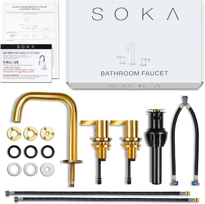 SOKA 8-16 Inch Widespread Bathroom Faucet 2 Handles Gold Commercial Sink Touch Faucets 3 Pieces Vanity Restroom Lavatory 360 Degree Rotating Faucet with Pop Up Drain Assembly,Gold - L