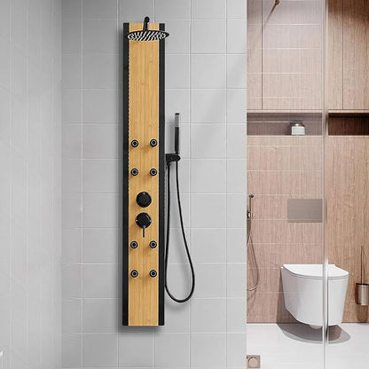 Shower Panel Tower System with Rainfall Shower Head, Wooden-style 304 Stainless Steel Shower Panels with 8 Body Massage Jets,Handheld for Home Hotel Bathroom Lavatory