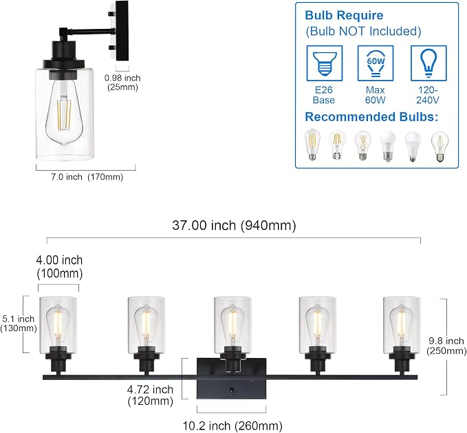 MELUCEE 40 Inches Length 5-Light Bathroom Vanity Light Fixtures Black | Industrial Wall Sconce Lighting with Clear Glass Shade for Living Room Bedroom Hallway Kitchen (Patent No.: US D963914 S)