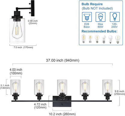 MELUCEE 40 Inches Length 5-Light Bathroom Vanity Light Fixtures Black | Industrial Wall Sconce Lighting with Clear Glass Shade for Living Room Bedroom Hallway Kitchen (Patent No.: US D963914 S)