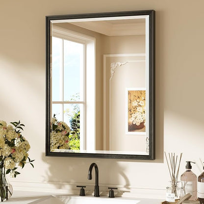 Keonjinn 24" x 30" Black Framed Bathroom Mirrors, Safe HD Tempered Glass | Aluminum Alloy, French Cleat, Beveled Edge, Modern, Black Bathroom Vanity Mirror for Wall, Hallway, Entryway, Fireplace Decor
