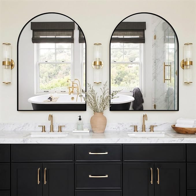 FGU Arched Bathroom Mirror for Over Sink 40"x28" Black Vanity Mirror | Wall Mounted, HD Tempered Shatter-Proof Glass, Rust-proof Arched Metal Frame, Arch Mirror for Bedroom, Living Room, Entryway