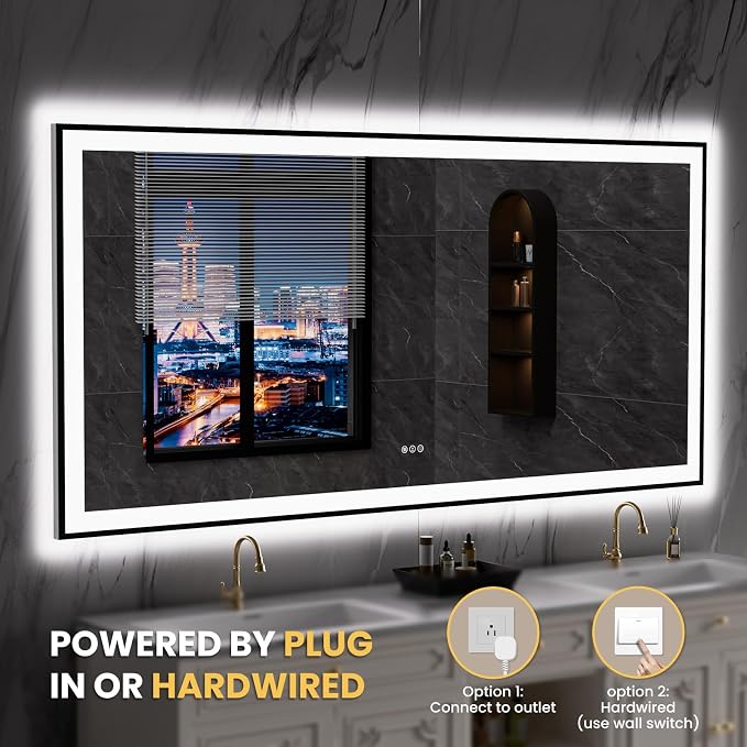 LOAAO 84"X32" LED Bathroom Mirror Black Framed | Anti-Fog, Dimmable, Memory Function, Tempered Glass, Lighted Vanity Mirror for Wall
