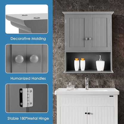 Tangkula Wall Mount Bathroom Cabinet Wooden Medicine Cabinet Storage Organizer with 2-Doors and 1-Shelf Cottage Collection Wall Cabinet (Grey)
