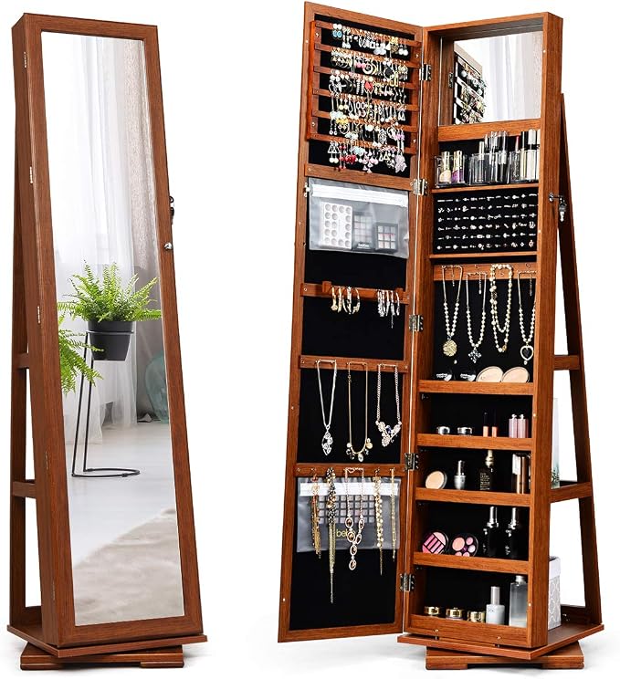 CHARMAID 360° Swivel Jewelry Armoire with Higher Full Length Mirror, Standing Lockable Jewelry Cabinet Organizer with Large Storage Capacity, Inside Makeup Mirror, Back Storage Shelves (Walnut)