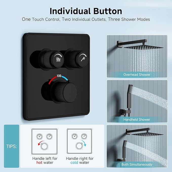 SR SUN RISE 100℉ Thermostatic Shower System,12" Luxury Rainfall Shower Head and High-Pressure Handheld Bathroom Shower Faucet Set,Shower Valve and Trim Kit Included (Matte Black)