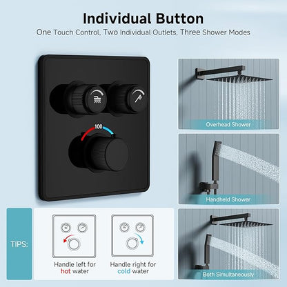 SR SUN RISE 100℉ Thermostatic Shower System,12" Luxury Rainfall Shower Head and High-Pressure Handheld Bathroom Shower Faucet Set,Shower Valve and Trim Kit Included (Matte Black)