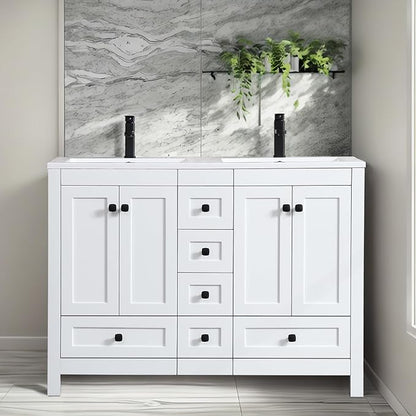 eclife 48" Bathroom Vanities with Sink Combo, Modern Thickened Wood Bathroom Storage Cabinet w/Undermount Double Sink, Matte Black Faucet Drain, Painted Surface, White
