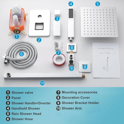 10 Inch Shower Faucet Set, Wall-Mounted Rainfall Shower System with High Pressure Handheld Shower Head, Bathroom Mixer Shower Set Wall Mounted Rough-in Valve and Trim Kit, Polished Chrome