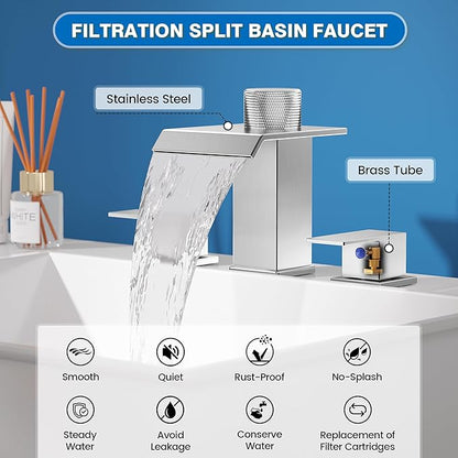 Brushed Nickel Bathroom Faucet 3 Hole, 8 Inch Widespread Waterfall Bathroom Sink Faucet with Filter, Includes Metal Pop-Up Drain and Supply Hoses, Perfect for Vanity, Restroom, Sink, Rv