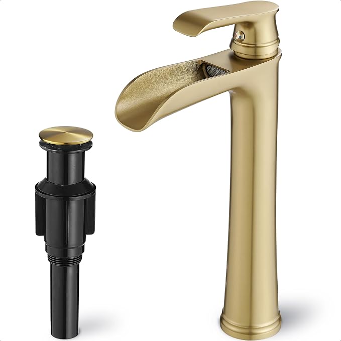 Vessel Sink Faucet, Tall Brass Waterfall Bathroom Faucet 1 Handle Gold Faucets for Bathroom Vanity 1 Hole with Pop-Up Drain & Supply Hoses