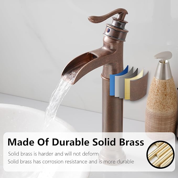 Copper Vessel Sink Faucet Tall Brass Waterfall Faucet for Vessel Sink | Bathroom Faucets Farmhouse Single Hole Single Handle Vanity Lavatory Without Overflow Pop Up Drain for Washroom by BATHLAVISH
