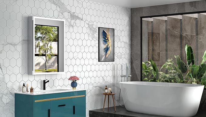 ACEMIRO 24"×32" Bathroom Medicine Cabinet with Mirror, Surface or Recessed Lighted Medicine Cabinet, 3-Color Dimmable Lights, Defogger, Bathroom Mirror with Outlet, Clock&Temp Display, Door Left Open